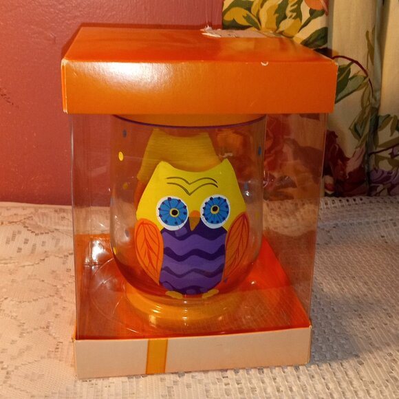 BEAUTIFUL CLEAR GLASS JAR / VASE WITH A COLORFUL OWL OF BEAUTY - Picture 2 of 7